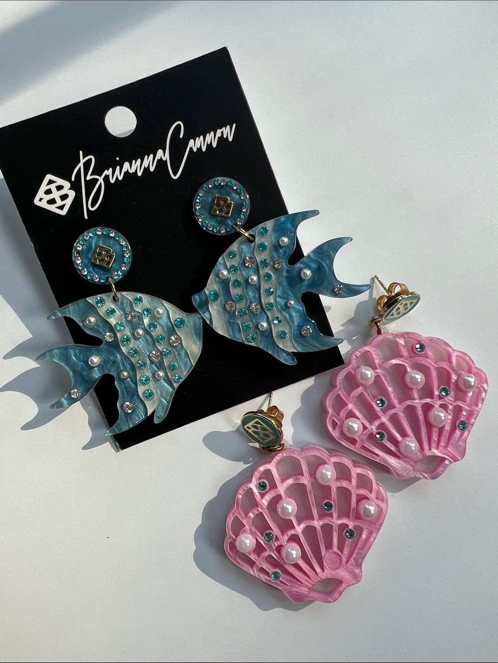 Brianna Cannon Blue Fish Dangle Earrings & Pink Shell Drop Earrings